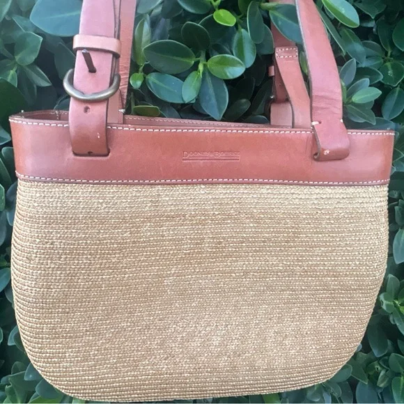Vintage Dooney & Bourke Brown Leather and Tan woven raffia Women's Bag tote - Picture 2 of 15